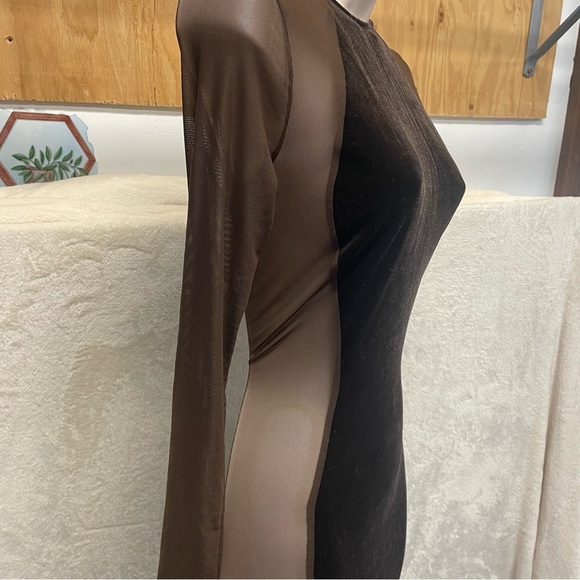 Naked Wardrobe long-sleeve brown Velvet dress sheer sides women’s small New - Picture 6 of 10